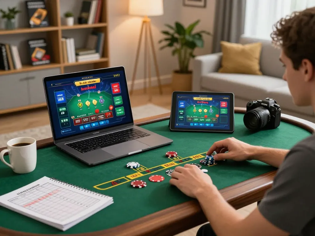 Player at home enjoying an immersive fc88 online blackjack game on laptop, showcasing strategic notes.