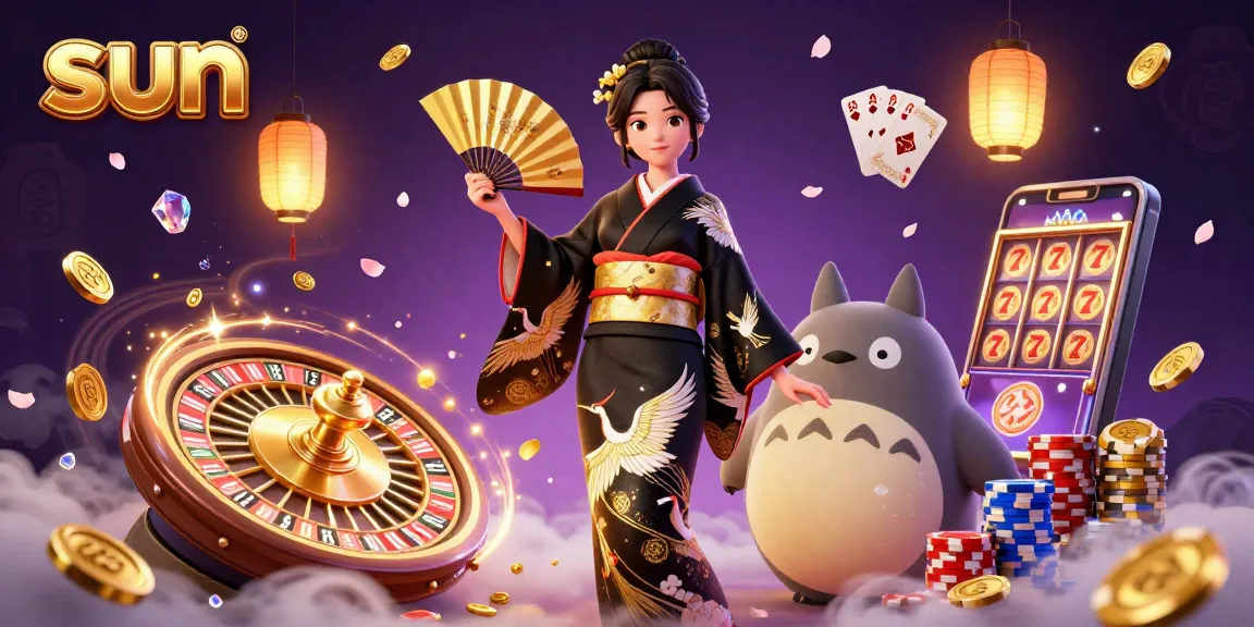 Win big at sun-themed games, featuring a kimono-clad woman and vibrant casino elements.