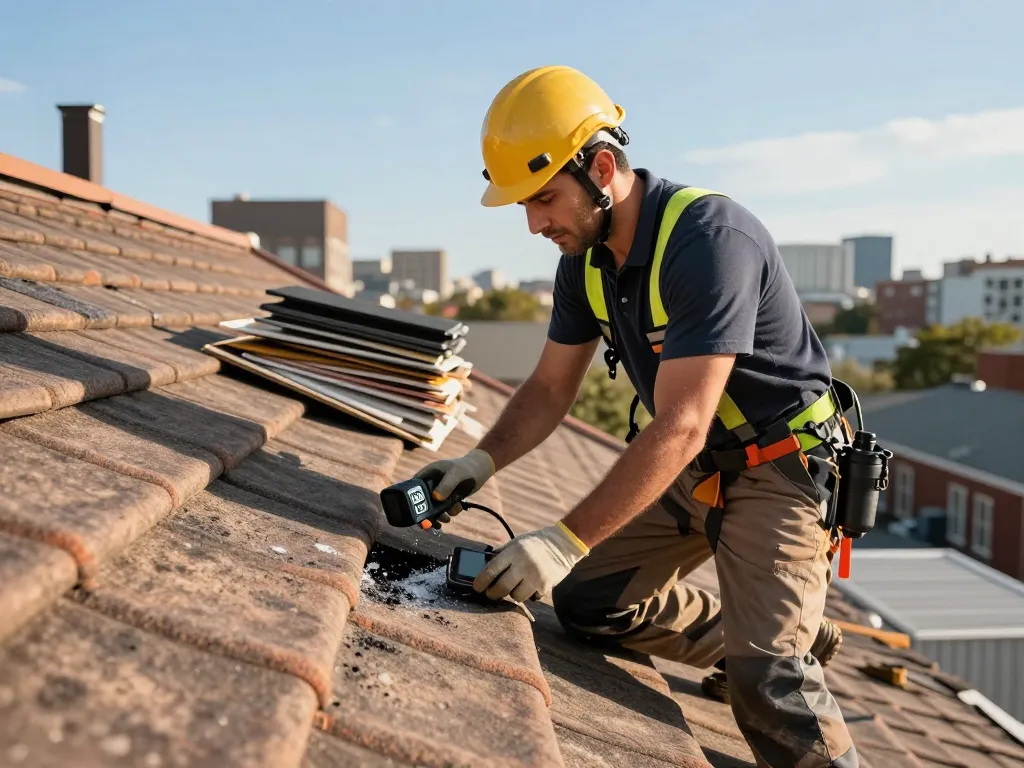 Expert dakspecialist inspecteert op lekkages in De Kraaij's dakdiensten, wat professionaliteit toont.
