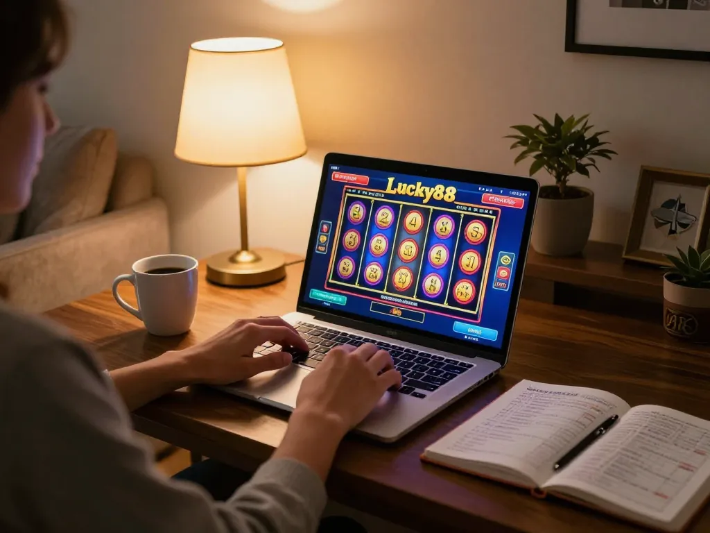 Engaging moment of a user playing lucky88 online, showcasing an exciting slot gaming experience at home.