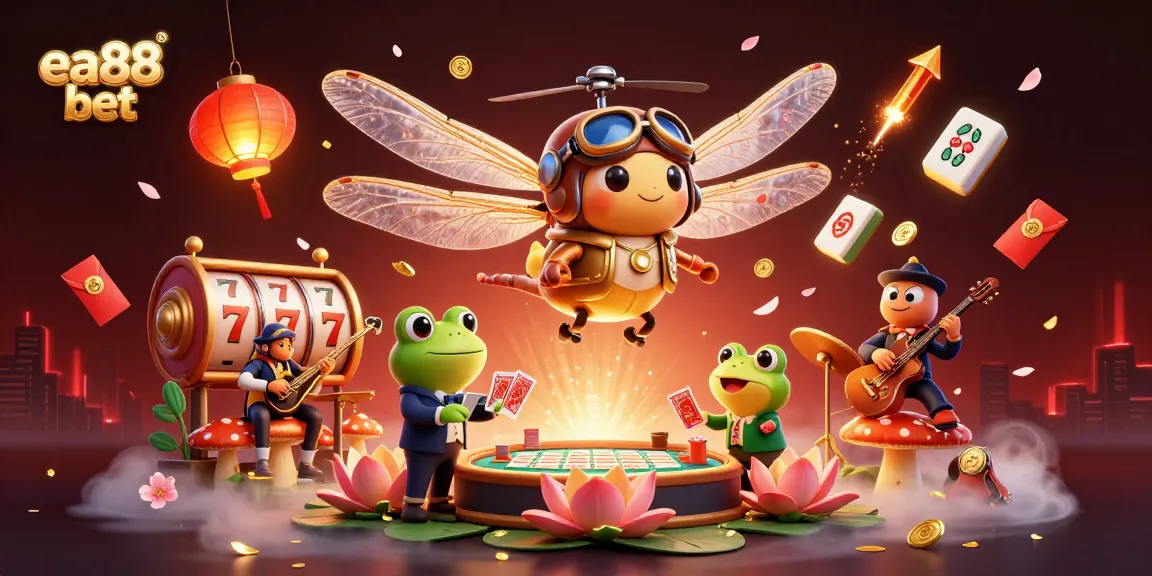 Engage in the game with ea88 bet at a vibrant lily pad casino featuring lively characters and gaming elements.