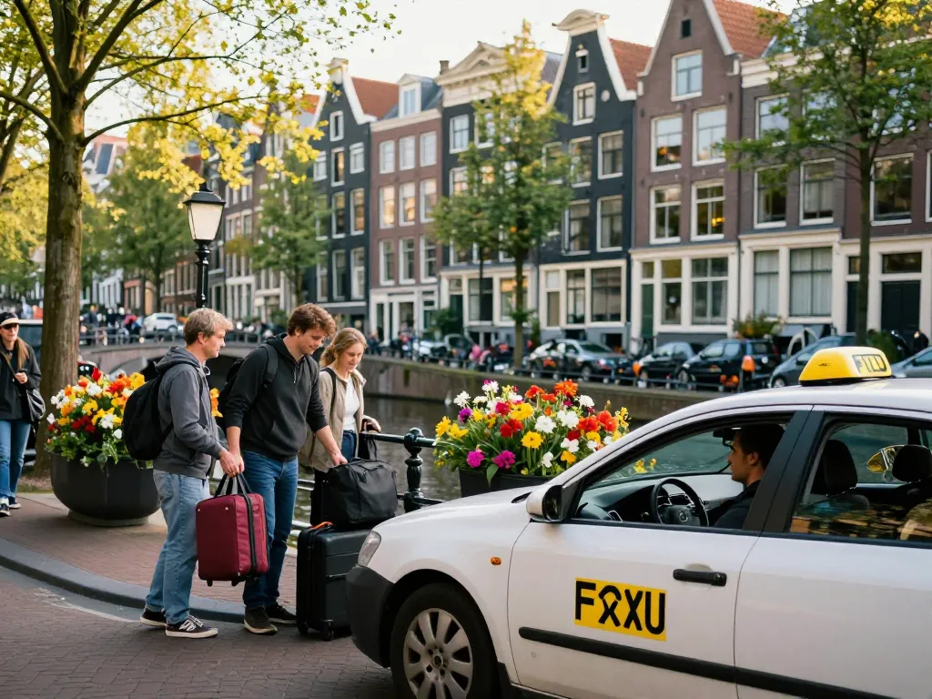 Taxi Amsterdam dienst met een vriendelijke chauffeur die passagiers helpt, iconische grachten op de achtergrond.