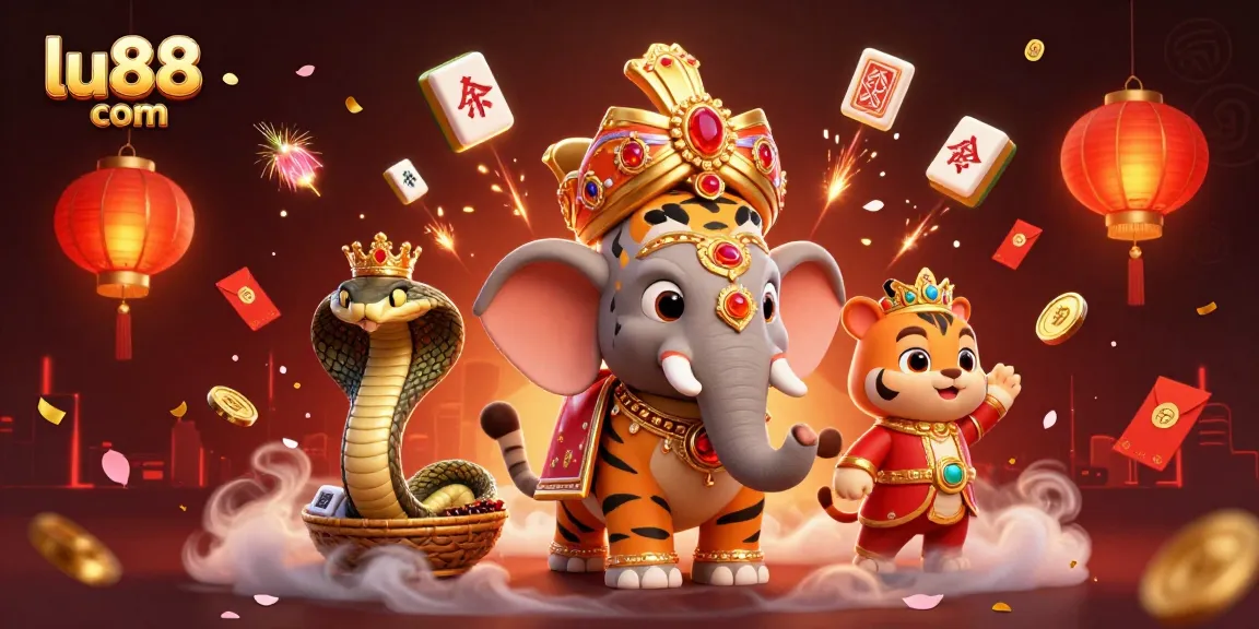 Win big with LU88 com in this vibrant 3D casino scene featuring traditional game symbols and lucky motifs.