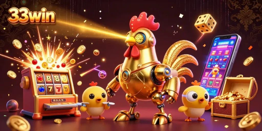 Experience 33win with a futuristic golden rooster robot leading a vibrant casino adventure.