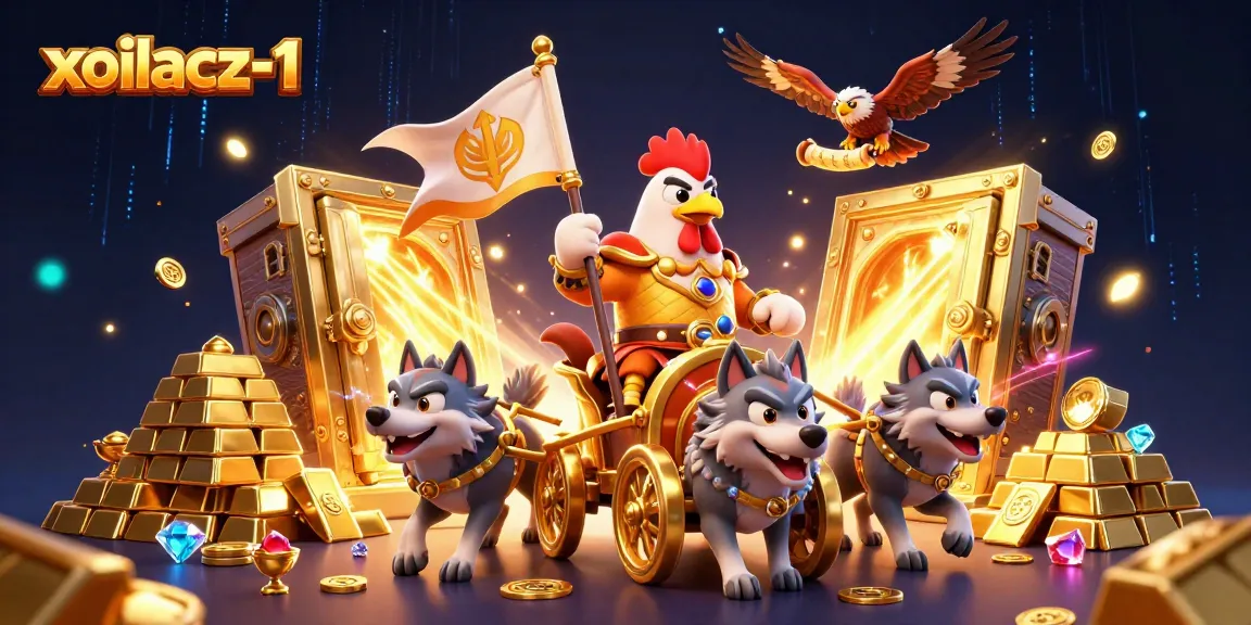 Xoilacz-1 engages users with a thrilling gold-filled 3D illustration showcasing dynamic gambling themes.