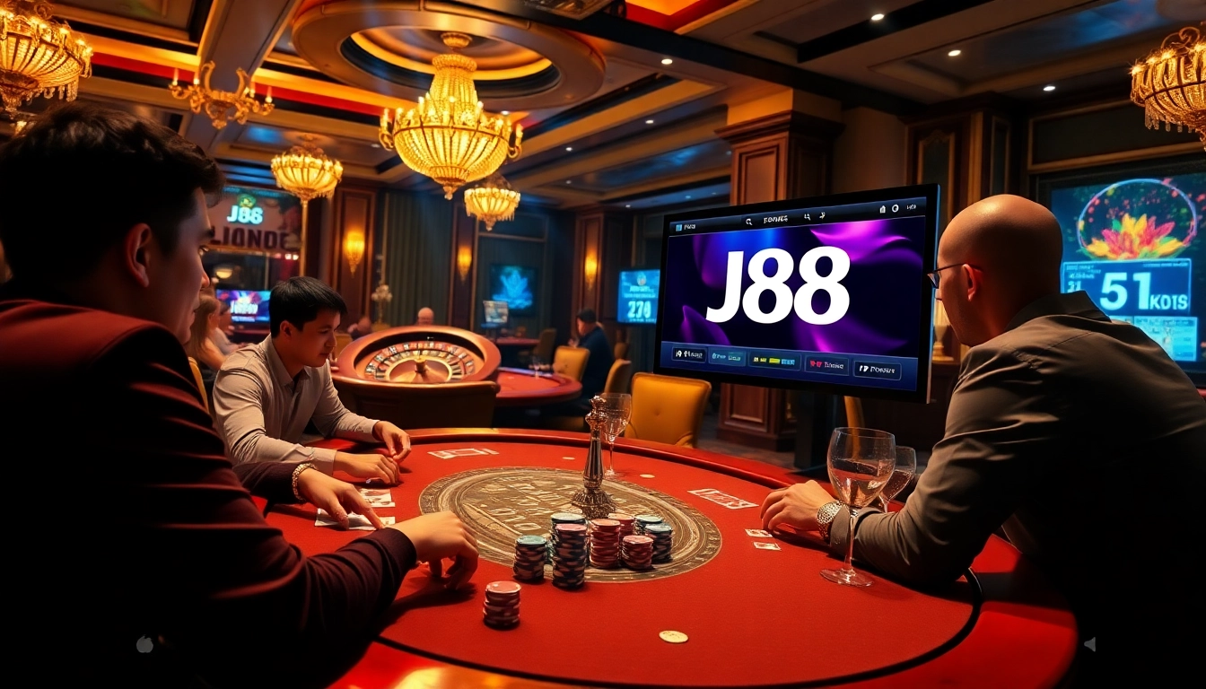 Engaged players enjoy poker action at J88 casino, with vibrant chips and cards enhancing the exhilarating atmosphere.