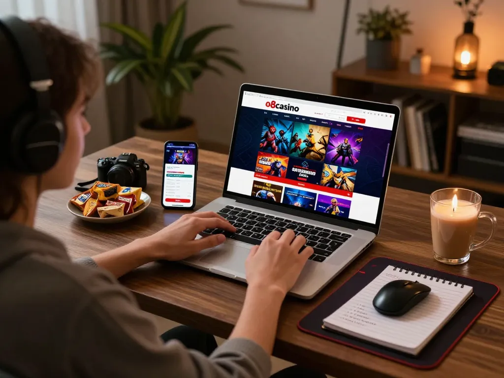 Person enjoying the o8casino experience at home, engaging with online games and strategies on a sleek setup