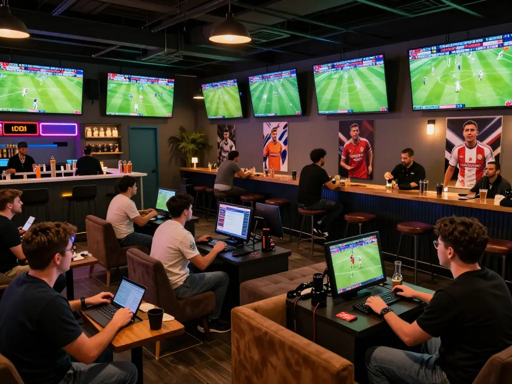 KQBD provides real-time sports betting insights as fans cheer for their teams in a vibrant lounge setting.