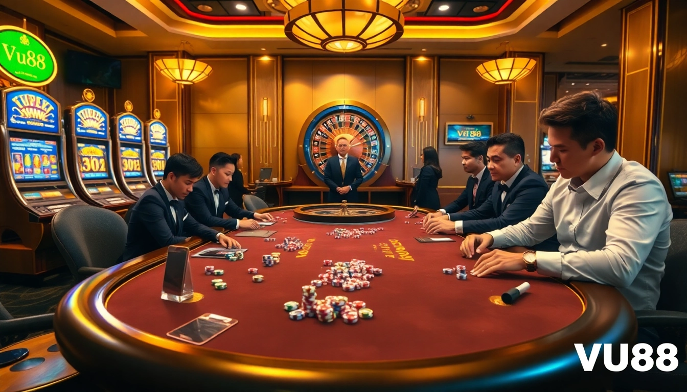 Experience the thrill of VU88 at a high-stakes poker table surrounded by vibrant casino elements.