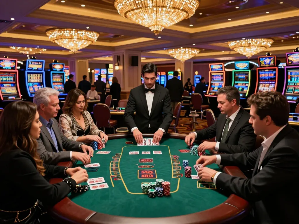 Players engaging in a thrilling blackjack game at a Las Vegas casino, showcasing hm88's vibrant atmosphere.