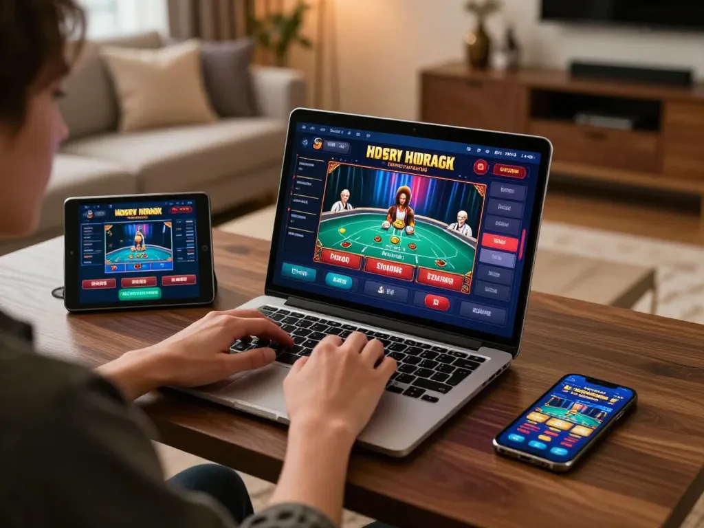 Playing immersive casino games online at https://vk88.vc/ using laptop and tablet in cozy living room setup.