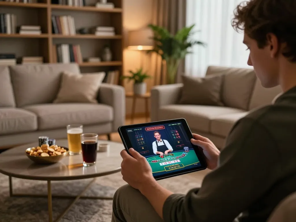 X88 players enjoying live dealer blackjack on a tablet, illustrating engaging online gaming experience