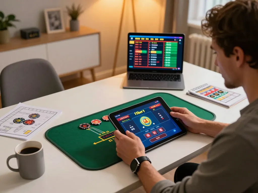 Engaging in blackjack on 11bet1 tablet during cozy home gaming session
