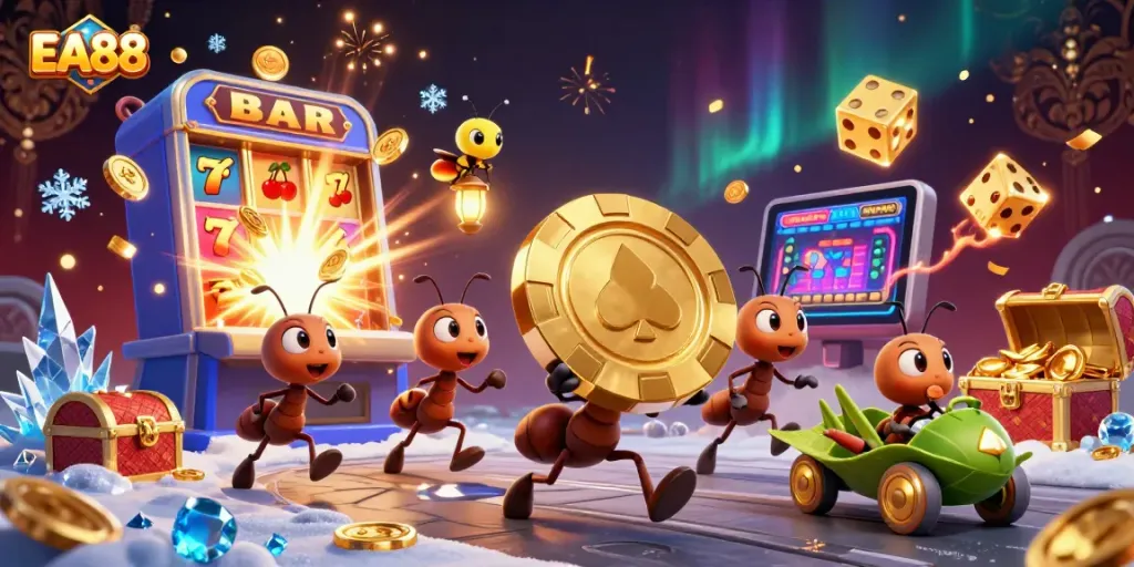 EA88 ants heisting poker chips in a vibrant casino jackpot scene with captivating visuals.