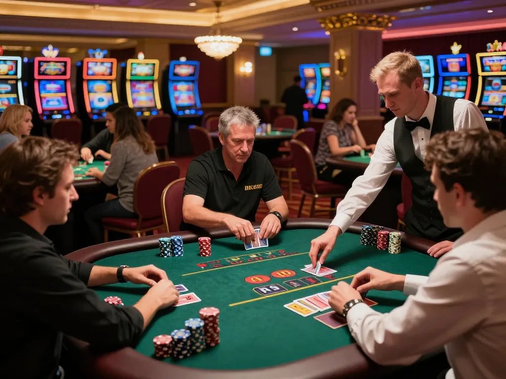 Players enjoying blackjack at alo8 casino, dealer distributing cards, vibrant atmosphere