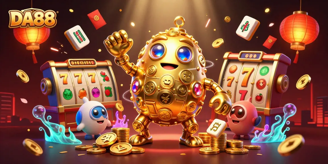 Experience thrilling wins with DA88, featuring a golden golem amidst dynamic slot game elements.