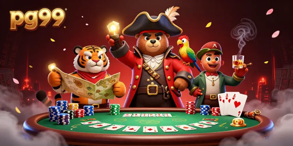 Experience thrilling games at pg99 with a vibrant illustration of a casino scene featuring poker cards and chips.