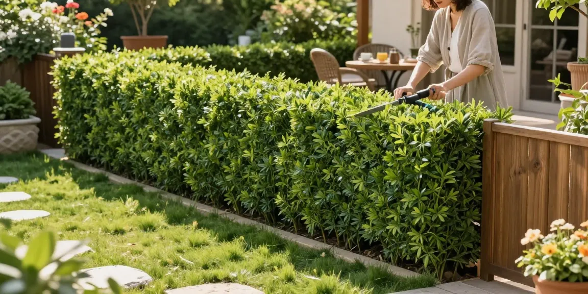 Onderhoudsvriendelijke kunsthaag weergegeven in een serene tuinsetting op https://leafely.nl/kunsthaag/, met levendige bloemen en een gezellig buitenpatio.