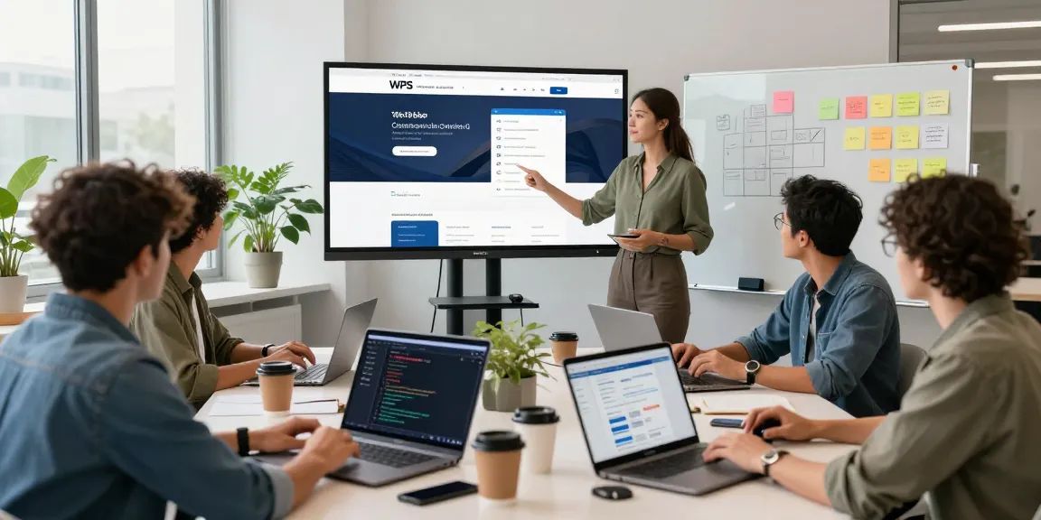 Team collaborating on the WPS Official Website in a modern office, showcasing software development.