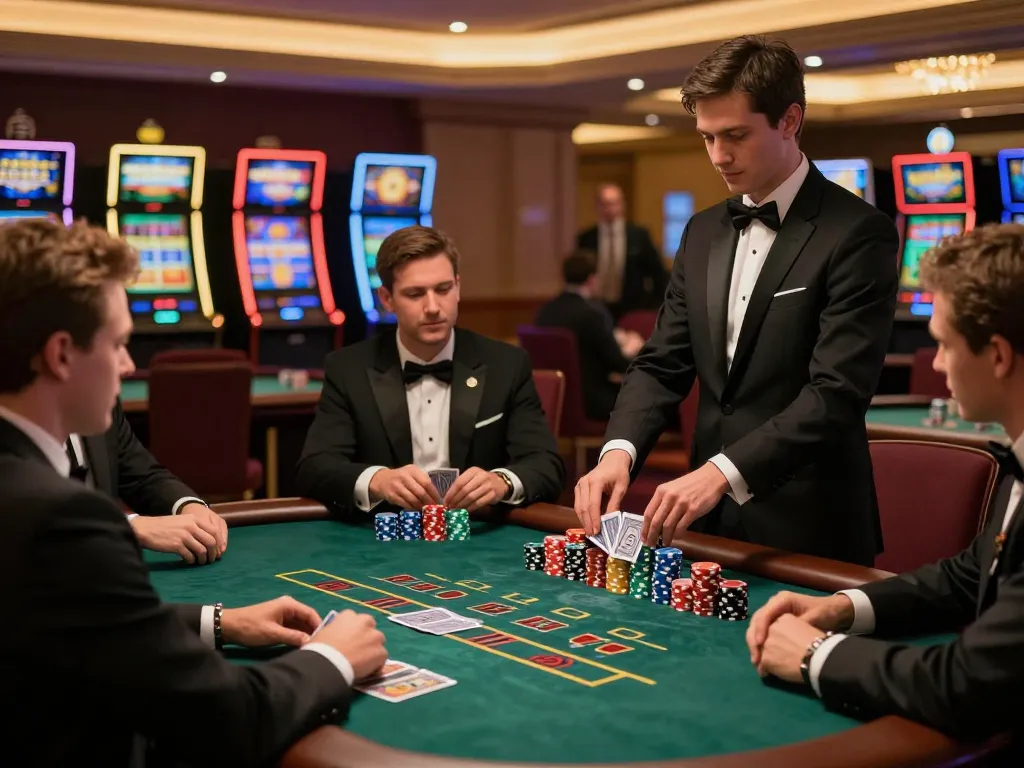 Sky88 casino players engaging with high-stakes blackjack game, dynamic moment of celebration.