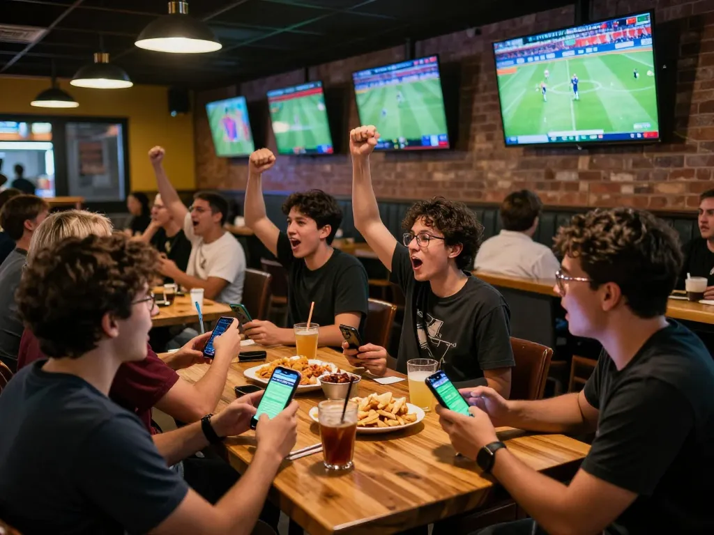 Socolive fans cheering at a sports bar while engaging in live betting on smartphones