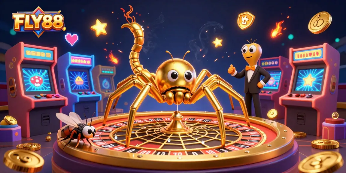 FLY88 captivates with thrilling bets at the roulette wheel as a golden spider spins its web.