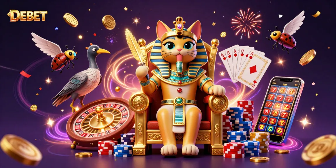 DEBET captivating scene features an Egyptian pharaoh cat amidst flying coins and casino elements, enhancing excitement.