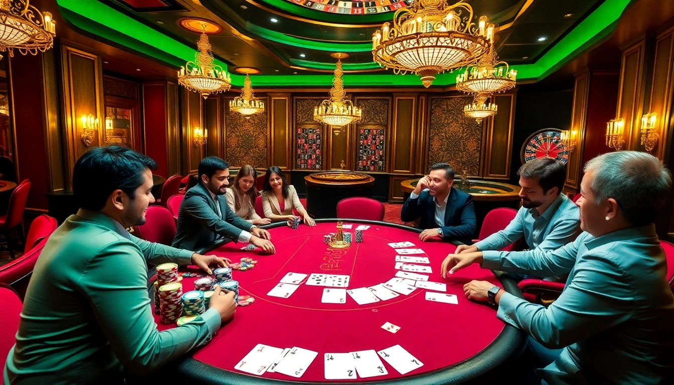 Delighted players enjoy a high-stakes game at MM88a.br.com poker table, showcasing vibrant chips and cards.