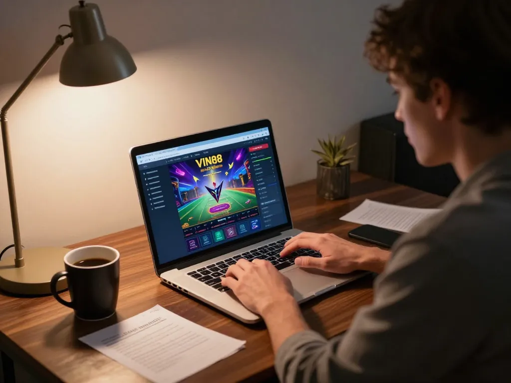 Engaging in VIN88 WIN's online gaming platform at home, focusing on strategic gameplay.