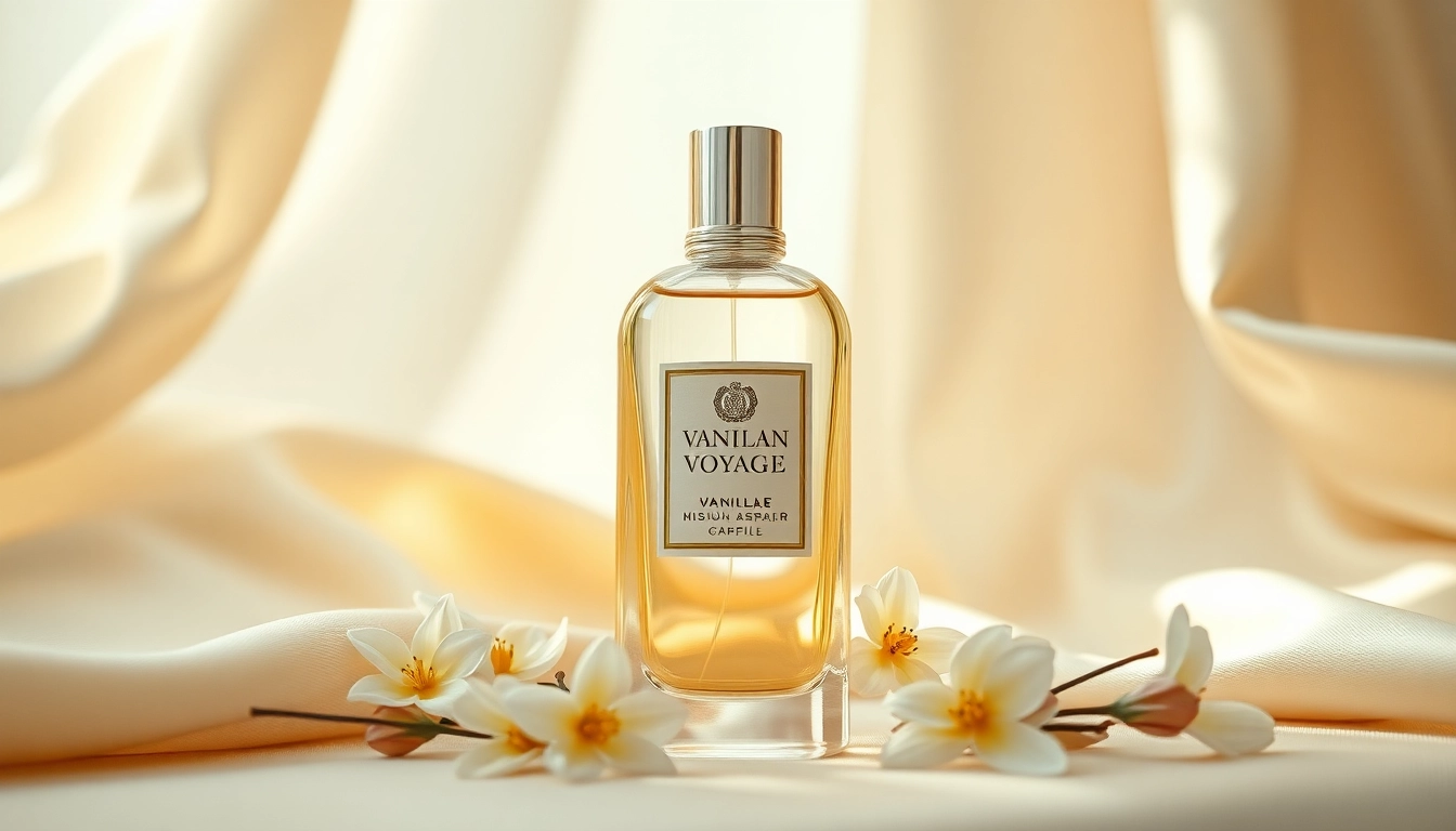 Capture the elegance of Vanilla Voyage by Maison Asrar, featuring a luxurious perfume bottle and floral elements.