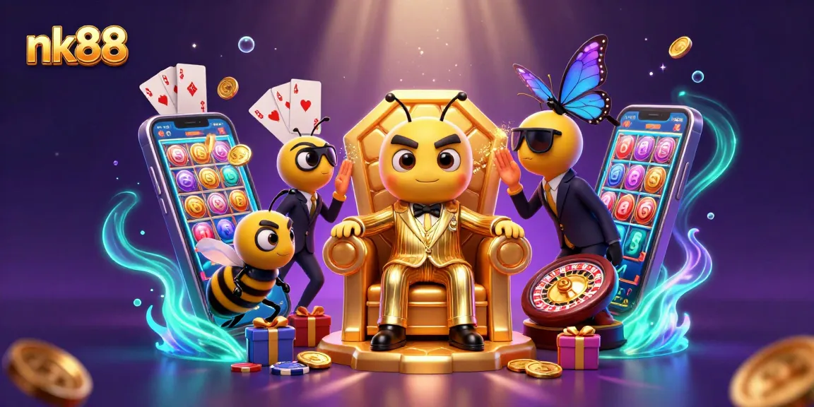 Play exciting casino games at nk88 with a buzzing bumblebee mob boss and vibrant slot elements.