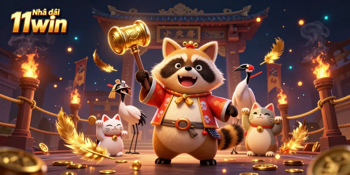 Engage with Nhà cái 11win through this vibrant 3D illustration featuring cheerful characters and dynamic gaming elements.