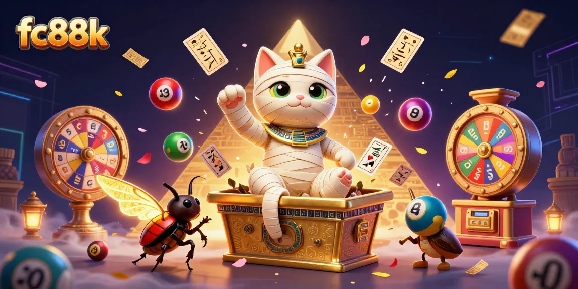 Experience the excitement of fc88k with a dynamic pyramid casino scene featuring a mummy cat and games of chance.