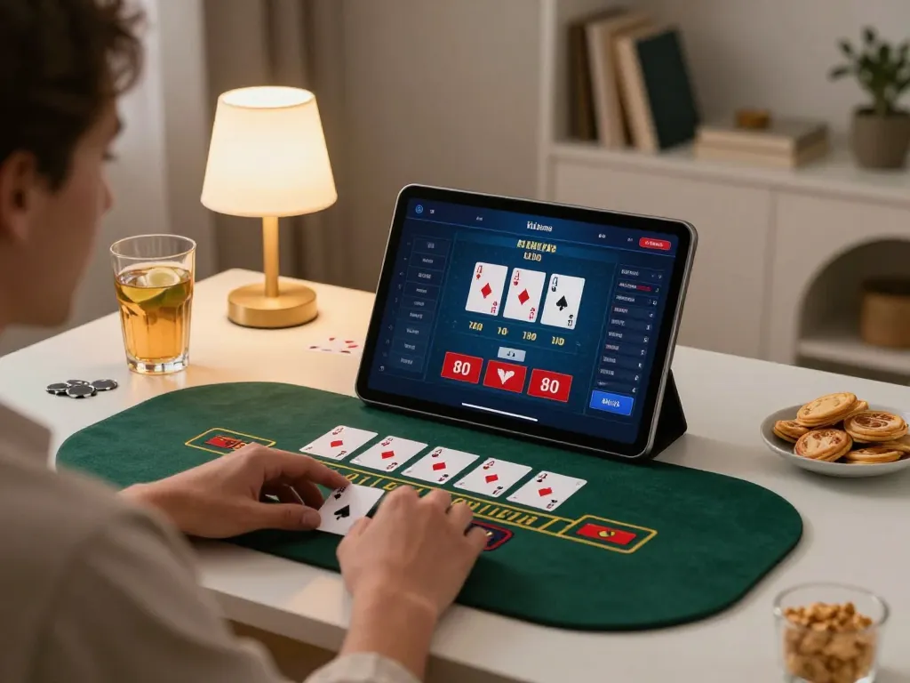 LLwin player enjoying live blackjack on tablet, cozy gambling scene with strategic setup.