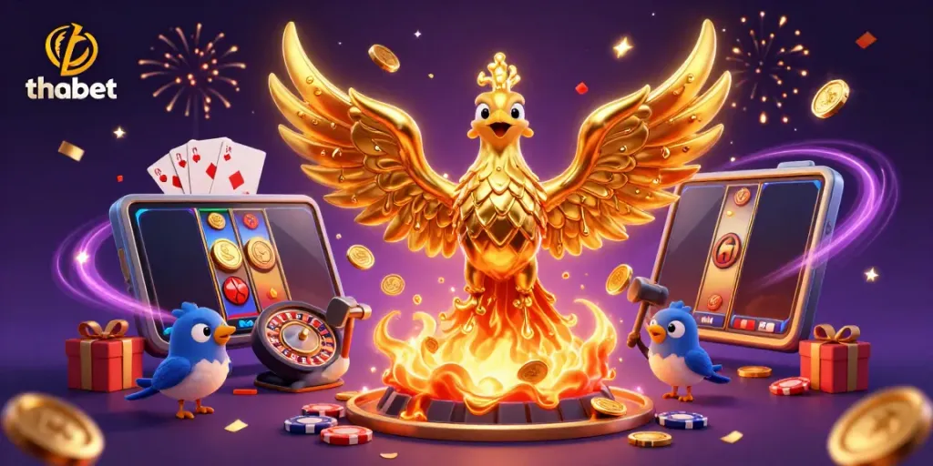 Experience the thrill of thabet with a dazzling illustration of a golden phoenix and casino elements.