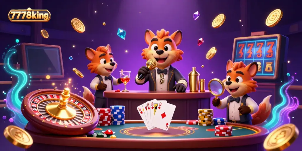 Join the 7778king hyenas in a lively comedy casino scene filled with golden coins and vibrant games.