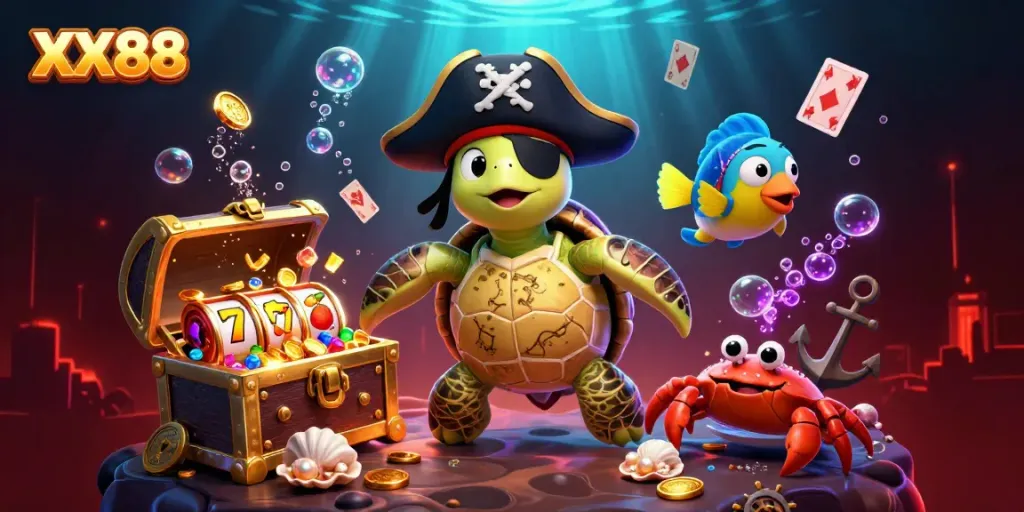 Join the fun at XX88 with a pirate turtle and friends amidst a vibrant underwater casino, full of treasures.