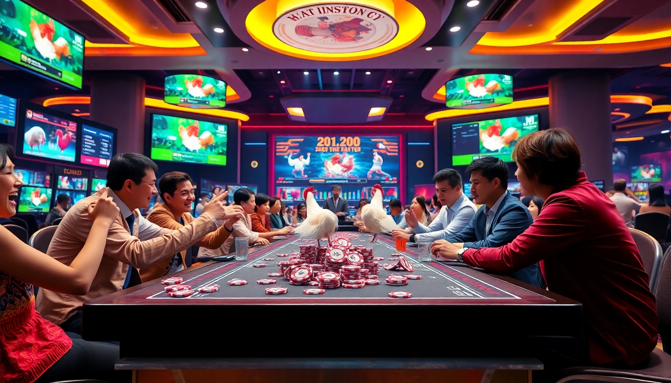 Live chicken fighting (trực tiếp đá gà c3) excitement captured in a vibrant casino atmosphere.