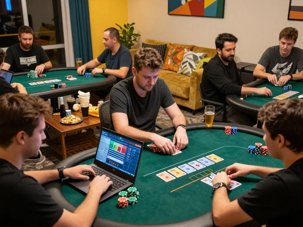 Players engaged in online poker using vua88sss, showcasing strategy and excitement in a cozy setting.