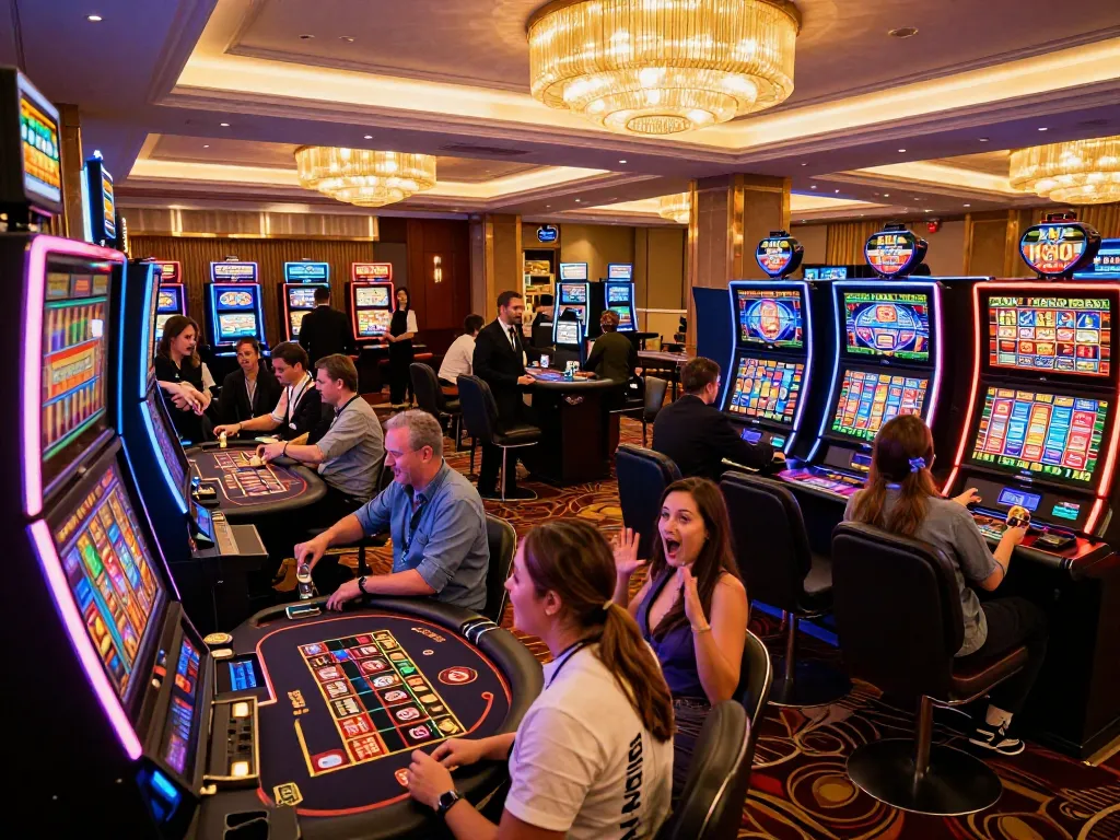 Engaged players spinning reels and celebrating wins at UK88 com casino, highlighting vibrant slot machine excitement.