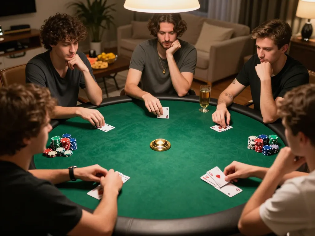 Players engaging in an exciting poker game at home with Jun88, showcasing competitive camaraderie and strategy.