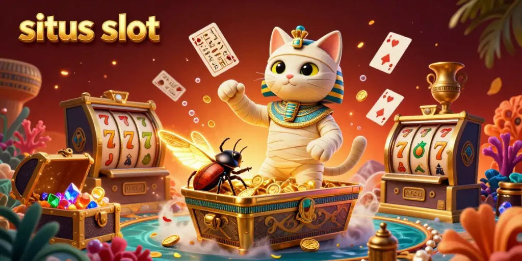 Experience thrilling action at situs slot with an Egyptian cat and glowing treasures in a vibrant casino.