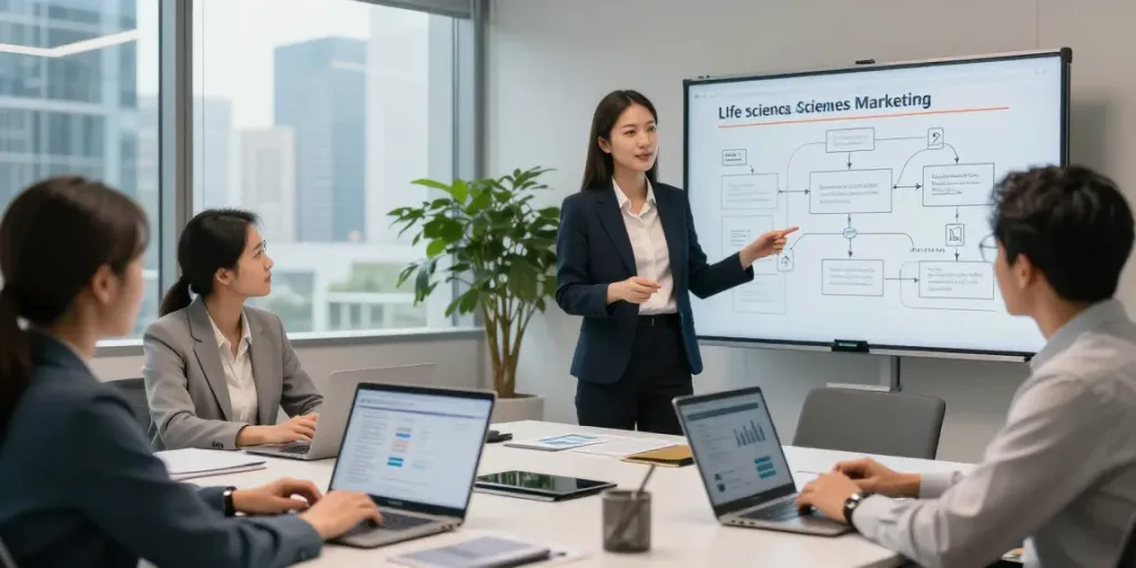 Life sciences marketing agency team collaborating on a campaign at Lifesciencesmarketing.nl, showcasing innovation and strategy.