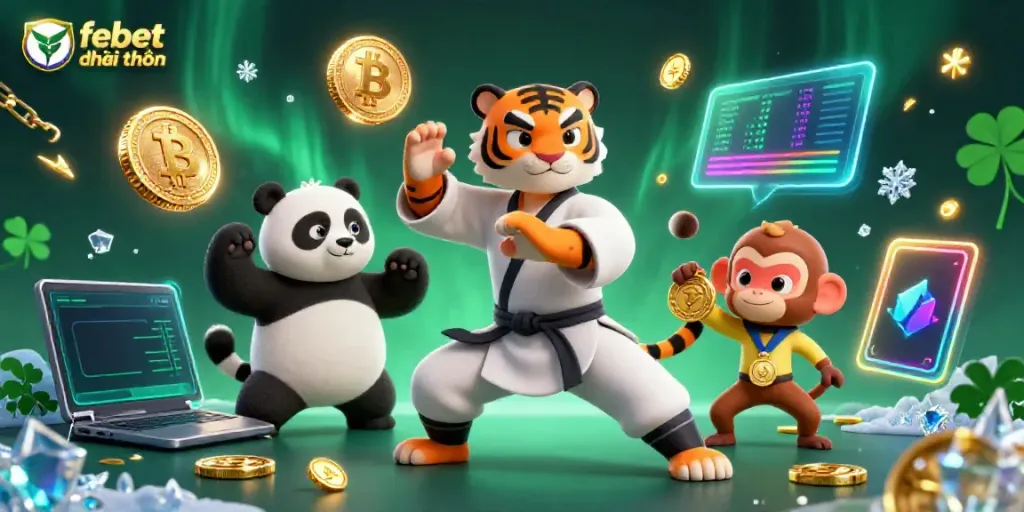 Experience dynamic fun with febet đổi thưởng in a vibrant 3D casino artwork showcasing engaging characters and cryptocurrency themes.