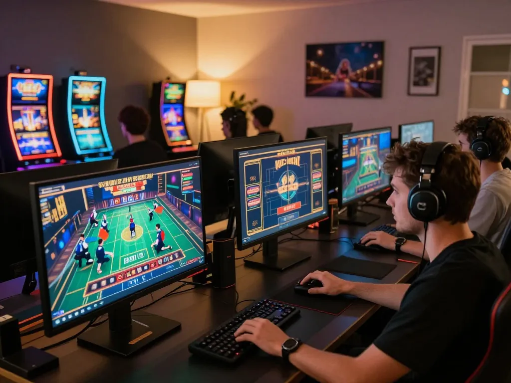 FABET LIVE showcases a user engrossed in multiple live casino games on their screen in a stylish home gaming setup
