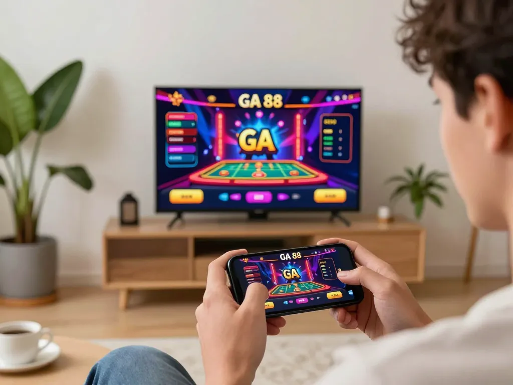 Player engaging in GA 88 mobile betting action on smartphone, showcasing live casino game interface, vibrant and colorful