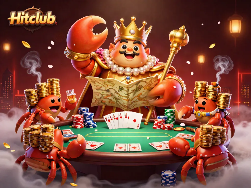 Engage with Hitclub's gaming experience, featuring a golden crab emperor amidst vibrant casino elements.