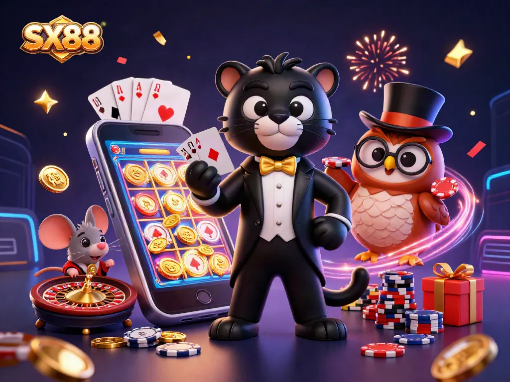 SX88 themed 3D digital illustration with a stylish panther and playful characters amid casino elements.