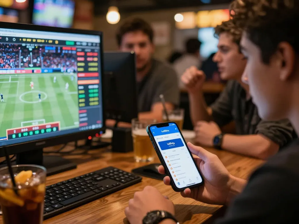 Place bets easily on the lu88vip mobile app in a vibrant sports bar atmosphere with friends.