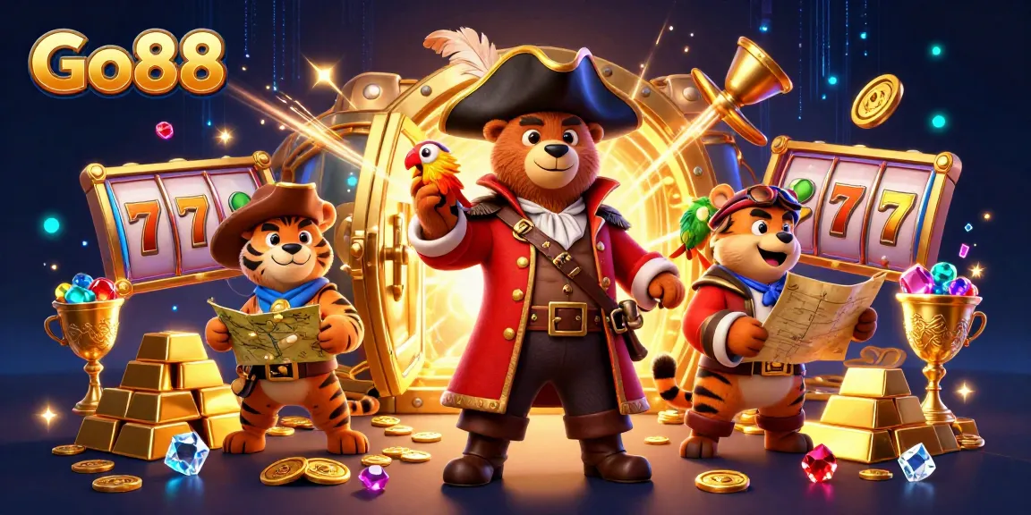 Win big at Go88 with a lively 3D casino scene featuring characters and treasures.